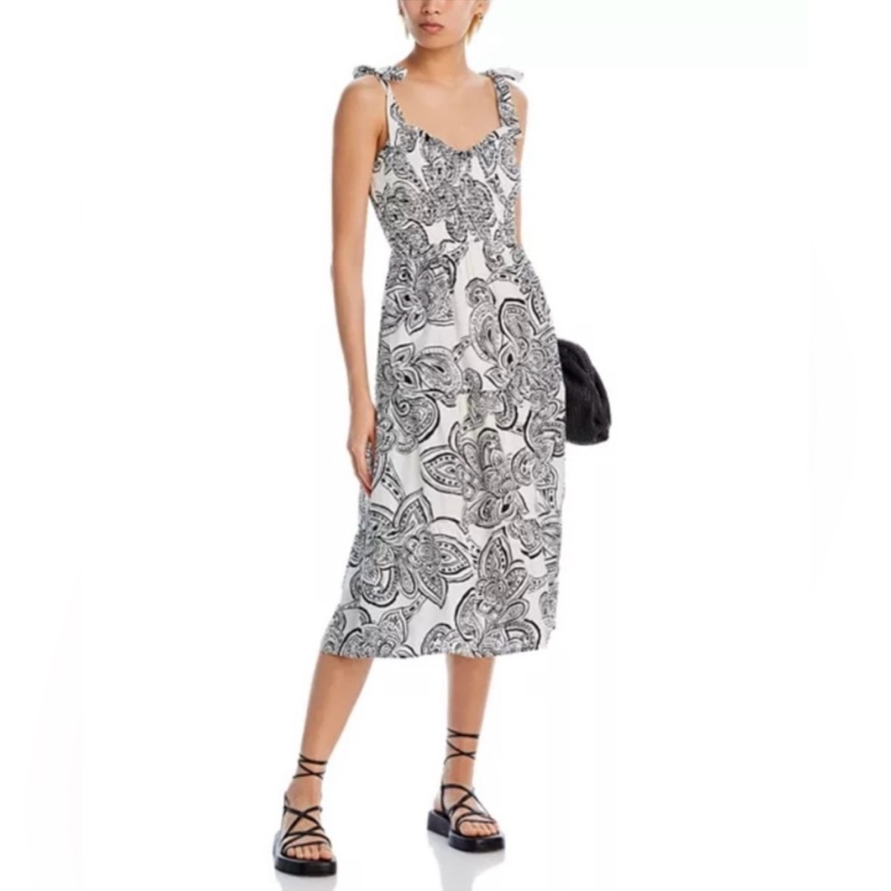 AQUA  Smocked Tie Shoulder Midi Dress - Black/White NWT $118 Size S